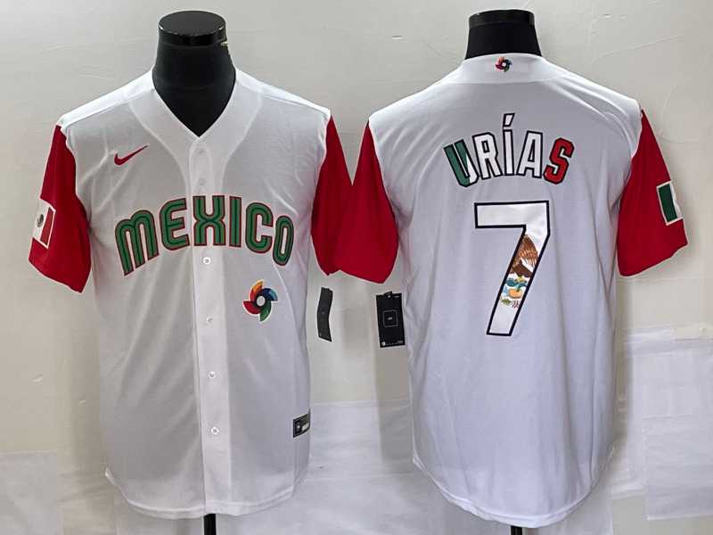 Mens Mexico Baseball #7 Julio Urias Number 2023 White Red World Classic Stitched Jersey 15->2023 world baseball classic->MLB Jersey